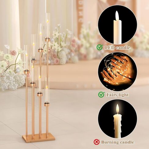 4 Pcs 46.5" Floor Candelabra 7 Arms - Gold Metal Candle Holder Stand with Acrylic Lampshades, Long Candle Sticks for Wedding, Party, Home Decor (7 arm Square 46.5in) in Saudi Arabia