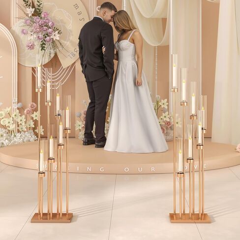 4 Pcs 46.5" Floor Candelabra 7 Arms - Gold Metal Candle Holder Stand with Acrylic Lampshades, Long Candle Sticks for Wedding, Party, Home Decor (7 arm Square 46.5in) in Saudi Arabia