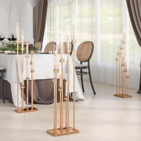 4 Pcs 46.5" Floor Candelabra 7 Arms - Gold Metal Candle Holder Stand with Acrylic Lampshades, Long Candle Sticks for Wedding, Party, Home Decor (7 arm Square 46.5in) in Saudi Arabia