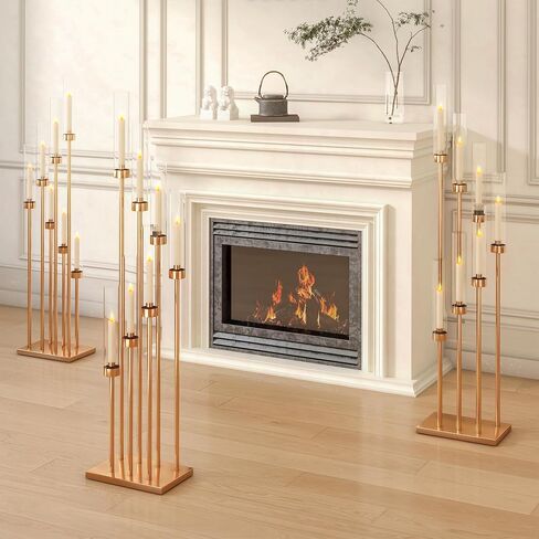 4 Pcs 46.5" Floor Candelabra 7 Arms - Gold Metal Candle Holder Stand with Acrylic Lampshades, Long Candle Sticks for Wedding, Party, Home Decor (7 arm Square 46.5in) in Saudi Arabia