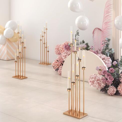 4 Pcs 46.5" Floor Candelabra 7 Arms - Gold Metal Candle Holder Stand with Acrylic Lampshades, Long Candle Sticks for Wedding, Party, Home Decor (7 arm Square 46.5in) in Saudi Arabia