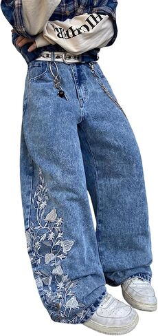DFGIGT Floral Embroidery Baggy Jeans for Men Hip Hop Stylish Wide Leg Skater Jeans Loose Denim Pants Streetwear in Saudi Arabia