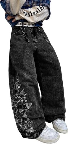 DFGIGT Floral Embroidery Baggy Jeans for Men Hip Hop Stylish Wide Leg Skater Jeans Loose Denim Pants Streetwear in Kuwait