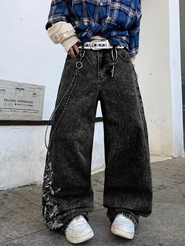 DFGIGT Floral Embroidery Baggy Jeans for Men Hip Hop Stylish Wide Leg Skater Jeans Loose Denim Pants Streetwear in Kuwait