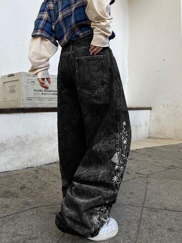 DFGIGT Floral Embroidery Baggy Jeans for Men Hip Hop Stylish Wide Leg Skater Jeans Loose Denim Pants Streetwear in Kuwait