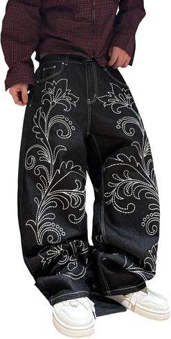 DFGIGT Floral Embroidery Baggy Jeans for Men Hip Hop Stylish Wide Leg Skater Jeans Loose Denim Pants Streetwear in Kuwait