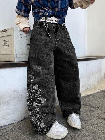 DFGIGT Floral Embroidery Baggy Jeans for Men Hip Hop Stylish Wide Leg Skater Jeans Loose Denim Pants Streetwear in Kuwait