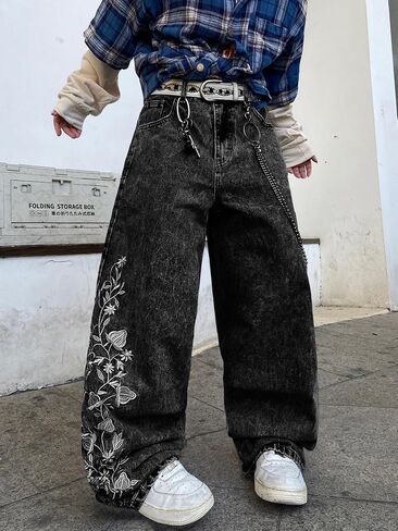 DFGIGT Floral Embroidery Baggy Jeans for Men Hip Hop Stylish Wide Leg Skater Jeans Loose Denim Pants Streetwear in Kuwait