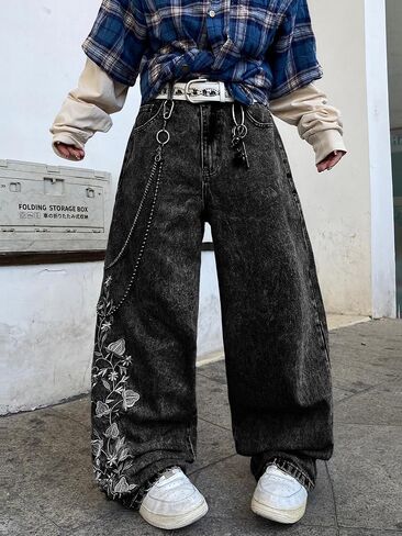 DFGIGT Floral Embroidery Baggy Jeans for Men Hip Hop Stylish Wide Leg Skater Jeans Loose Denim Pants Streetwear in Kuwait