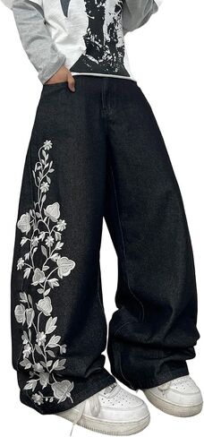 DFGIGT Floral Embroidery Baggy Jeans for Men Hip Hop Stylish Wide Leg Skater Jeans Loose Denim Pants Streetwear in Kuwait