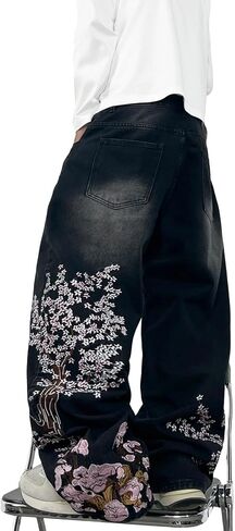DFGIGT Floral Embroidery Baggy Jeans for Men Hip Hop Stylish Wide Leg Skater Jeans Loose Denim Pants Streetwear in Kuwait