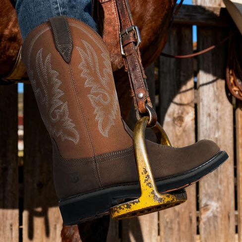 Men's Square Toe Steel Toe Cowboy Boots with Waterproof Oil-resistant Slip-on Full Grain Leather Rubber Lug Outsole Shock Absorption & Removable PU Foam Footbed Pull-on Safety Work Shoes for Construction Industrial Farming Welding Riding in Saudi Arabia