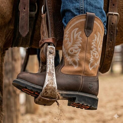 Men's Square Toe Steel Toe Cowboy Boots with Waterproof Oil-resistant Slip-on Full Grain Leather Rubber Lug Outsole Shock Absorption & Removable PU Foam Footbed Pull-on Safety Work Shoes for Construction Industrial Farming Welding Riding in Saudi Arabia