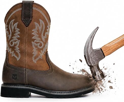 Men's Square Toe Steel Toe Cowboy Boots with Waterproof Oil-resistant Slip-on Full Grain Leather Rubber Lug Outsole Shock Absorption & Removable PU Foam Footbed Pull-on Safety Work Shoes for Construction Industrial Farming Welding Riding in Saudi Arabia