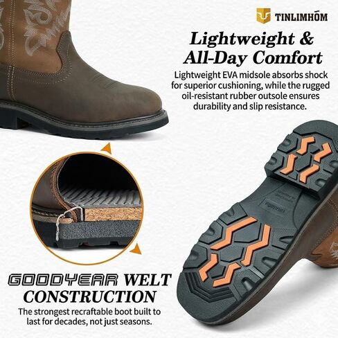 Men's Square Toe Steel Toe Cowboy Boots with Waterproof Oil-resistant Slip-on Full Grain Leather Rubber Lug Outsole Shock Absorption & Removable PU Foam Footbed Pull-on Safety Work Shoes for Construction Industrial Farming Welding Riding in Saudi Arabia