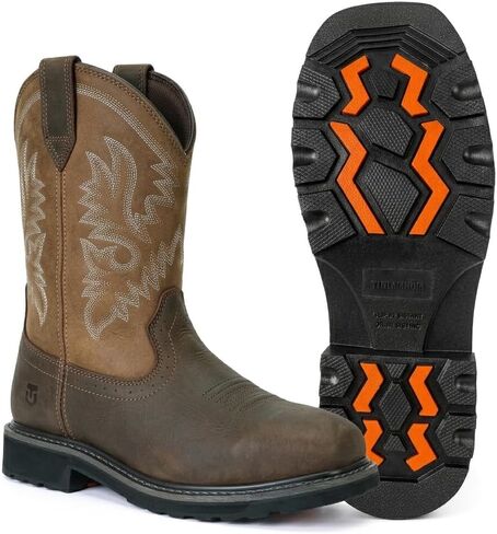 Men's Square Toe Steel Toe Cowboy Boots with Waterproof Oil-resistant Slip-on Full Grain Leather Rubber Lug Outsole Shock Absorption & Removable PU Foam Footbed Pull-on Safety Work Shoes for Construction Industrial Farming Welding Riding in Saudi Arabia