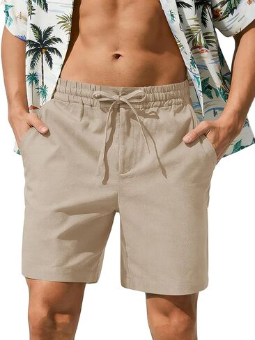 Lasjixion Men's Cotton Linen Shorts Casual 7inch Drawstring Summer Beach Vacation Yoga Golf Shorts with Pockets in Saudi Arabia