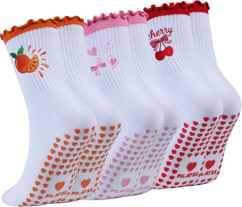 Non-Slip Pilates Socks for Women, Fruit Embroidery Yoga Socks with Grip, Breathable Ballet Crew Sock for Workouts in Saudi Arabia
