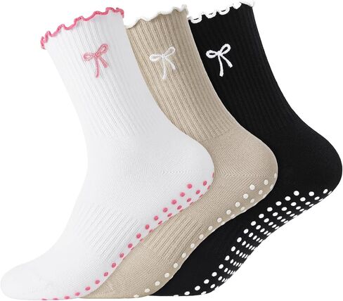 3 Pairs Yoga Ruffled Socks for Women, Cute Pilates Socks with Bow-Patterned Grippy Sock for Fitness Ballet Dance in Kuwait