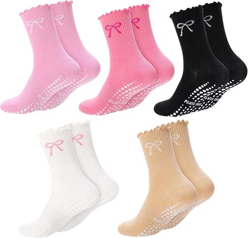 5 Pairs Women Pilates Grip Socks with Ruffle, Cute Non Slip Yoga Socks Bow Frilly Crew Sock for Barre Yoga Dance Workout Barefoot Fitness Hospital Home in Saudi Arabia