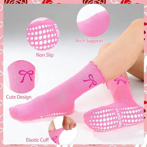 5 Pairs Women Pilates Grip Socks with Ruffle, Cute Non Slip Yoga Socks Bow Frilly Crew Sock for Barre Yoga Dance Workout Barefoot Fitness Hospital Home in Saudi Arabia