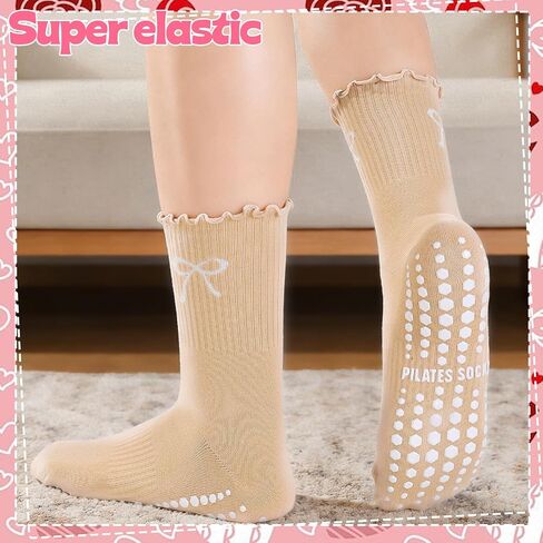 5 Pairs Women Pilates Grip Socks with Ruffle, Cute Non Slip Yoga Socks Bow Frilly Crew Sock for Barre Yoga Dance Workout Barefoot Fitness Hospital Home in Saudi Arabia