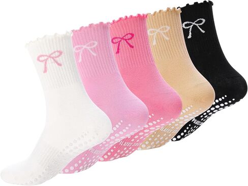 5 Pairs Women Pilates Grip Socks with Ruffle, Cute Non Slip Yoga Socks Bow Frilly Crew Sock for Barre Yoga Dance Workout Barefoot Fitness Hospital Home in Saudi Arabia