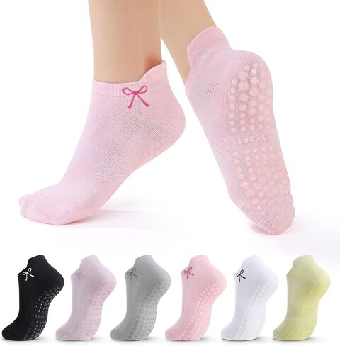 6 Pairs Pilates Grip Socks for Women, Non Slip Yoga Ankle Socks with Grips Size 6-9 for Barre Barefoot Hospital Dance (Pink, Purple, Green) in Saudi Arabia