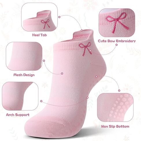 6 Pairs Pilates Grip Socks for Women, Non Slip Yoga Ankle Socks with Grips Size 6-9 for Barre Barefoot Hospital Dance (Pink, Purple, Green) in Saudi Arabia