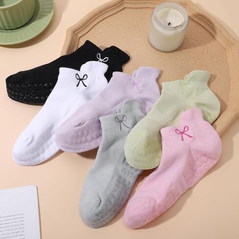 6 Pairs Pilates Grip Socks for Women, Non Slip Yoga Ankle Socks with Grips Size 6-9 for Barre Barefoot Hospital Dance (Pink, Purple, Green) in Saudi Arabia