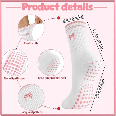 4/6 Pairs Cute Pilates Socks with Grips for Women Fruit Bow Pattern Cotton Non Slip Socks for Yoga Ballet Workout in Kuwait