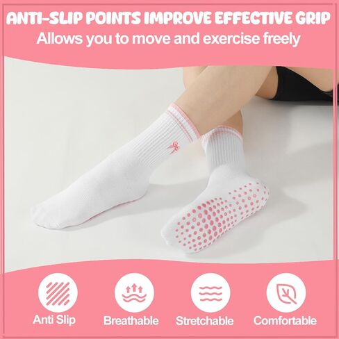 4/6 Pairs Cute Pilates Socks with Grips for Women Fruit Bow Pattern Cotton Non Slip Socks for Yoga Ballet Workout in Kuwait