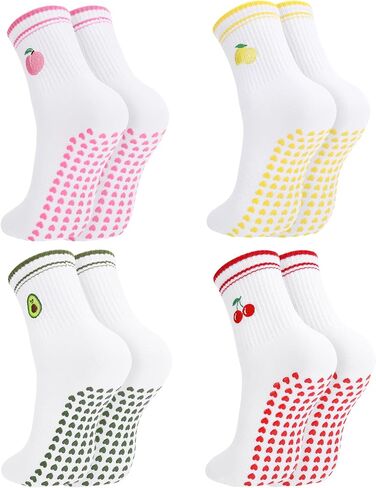4/6 Pairs Cute Pilates Socks with Grips for Women Fruit Bow Pattern Cotton Non Slip Socks for Yoga Ballet Workout in Kuwait