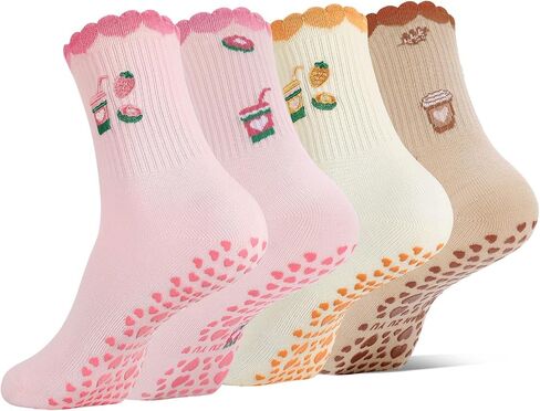 4/6 Pairs Cute Pilates Socks with Grips for Women Fruit Bow Pattern Cotton Non Slip Socks for Yoga Ballet Workout in Kuwait