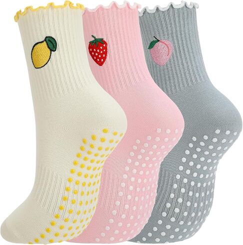 4/6 Pairs Cute Pilates Socks with Grips for Women Fruit Bow Pattern Cotton Non Slip Socks for Yoga Ballet Workout in Kuwait