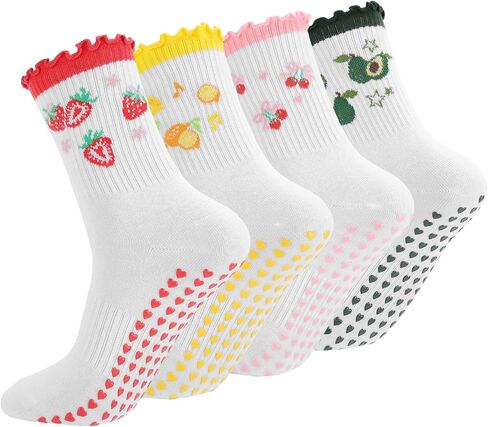 4/6 Pairs Cute Pilates Socks with Grips for Women Fruit Bow Pattern Cotton Non Slip Socks for Yoga Ballet Workout in Kuwait