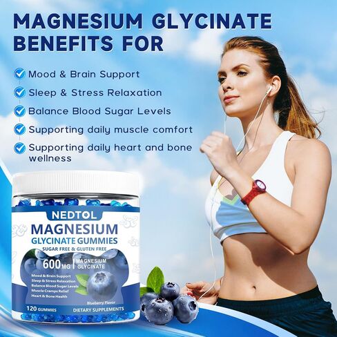 Magnesium Glycinate Gummies 600mg, Sugar Free Magnesium Potassium Supplement for Adults with Magnesium Glycinate, Vitamin D, B6,and CoQ10 for Sleep, Body Support and Relaxation,120 Count in Kuwait