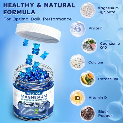 Magnesium Glycinate Gummies 600mg, Sugar Free Magnesium Potassium Supplement for Adults with Magnesium Glycinate, Vitamin D, B6,and CoQ10 for Sleep, Body Support and Relaxation,120 Count in Kuwait
