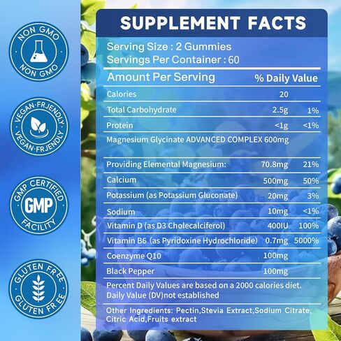 Magnesium Glycinate Gummies 600mg, Sugar Free Magnesium Potassium Supplement for Adults with Magnesium Glycinate, Vitamin D, B6,and CoQ10 for Sleep, Body Support and Relaxation,120 Count in Kuwait