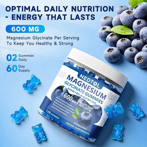Magnesium Glycinate Gummies 600mg, Sugar Free Magnesium Potassium Supplement for Adults with Magnesium Glycinate, Vitamin D, B6,and CoQ10 for Sleep, Body Support and Relaxation,120 Count in Kuwait