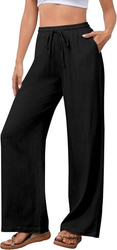 OMSJ Women's Cotton Linen Casual Palazzo Pants Drawstring Elastic Waist Flowy Wide Leg Long Lounge Trousers with Pockets in Saudi Arabia