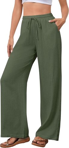 OMSJ Women's Cotton Linen Casual Palazzo Pants Drawstring Elastic Waist Flowy Wide Leg Long Lounge Trousers with Pockets in Saudi Arabia