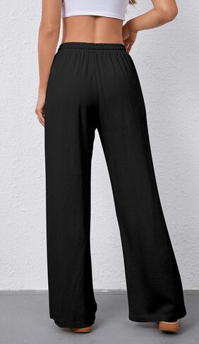 OMSJ Women's Cotton Linen Casual Palazzo Pants Drawstring Elastic Waist Flowy Wide Leg Long Lounge Trousers with Pockets in Saudi Arabia