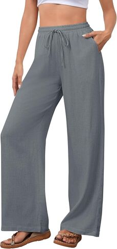 OMSJ Women's Cotton Linen Casual Palazzo Pants Drawstring Elastic Waist Flowy Wide Leg Long Lounge Trousers with Pockets in Saudi Arabia