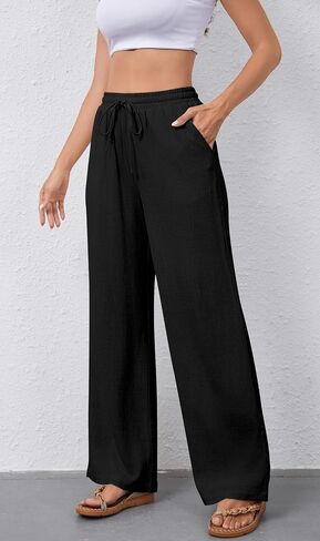 OMSJ Women's Cotton Linen Casual Palazzo Pants Drawstring Elastic Waist Flowy Wide Leg Long Lounge Trousers with Pockets in Saudi Arabia