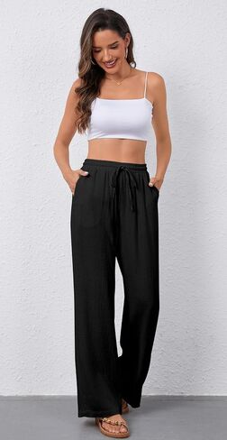 OMSJ Women's Cotton Linen Casual Palazzo Pants Drawstring Elastic Waist Flowy Wide Leg Long Lounge Trousers with Pockets in Saudi Arabia