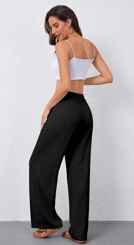 OMSJ Women's Cotton Linen Casual Palazzo Pants Drawstring Elastic Waist Flowy Wide Leg Long Lounge Trousers with Pockets in Saudi Arabia