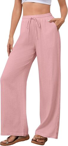 OMSJ Women's Cotton Linen Casual Palazzo Pants Drawstring Elastic Waist Flowy Wide Leg Long Lounge Trousers with Pockets in Saudi Arabia