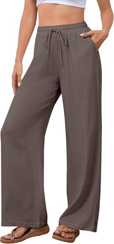 OMSJ Women's Cotton Linen Casual Palazzo Pants Drawstring Elastic Waist Flowy Wide Leg Long Lounge Trousers with Pockets in Saudi Arabia