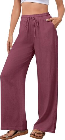 OMSJ Women's Cotton Linen Casual Palazzo Pants Drawstring Elastic Waist Flowy Wide Leg Long Lounge Trousers with Pockets in Saudi Arabia